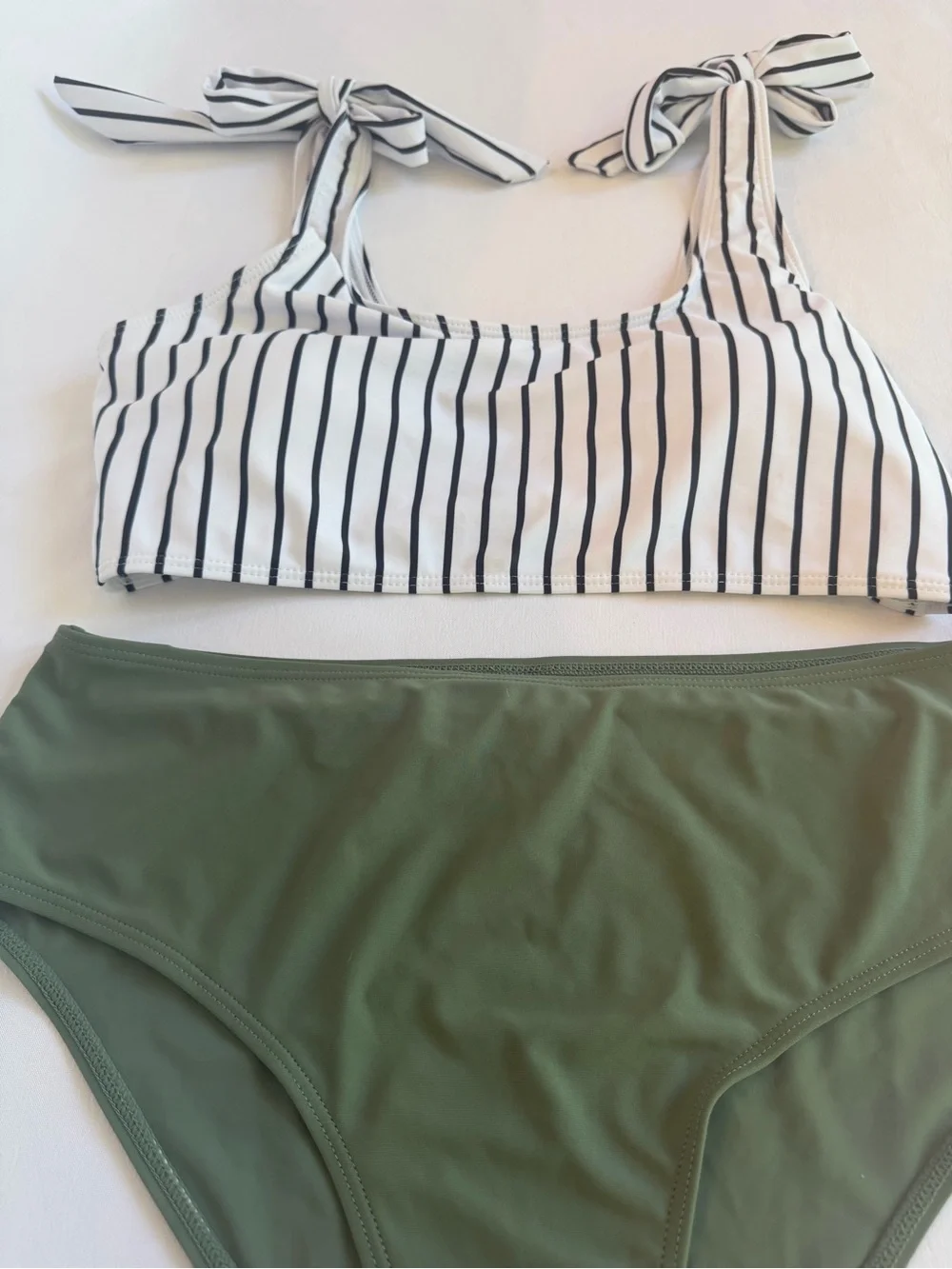 NWOT - SHEIN Olive High-Waist Bikini Bottom with B&W Striped Padded Top